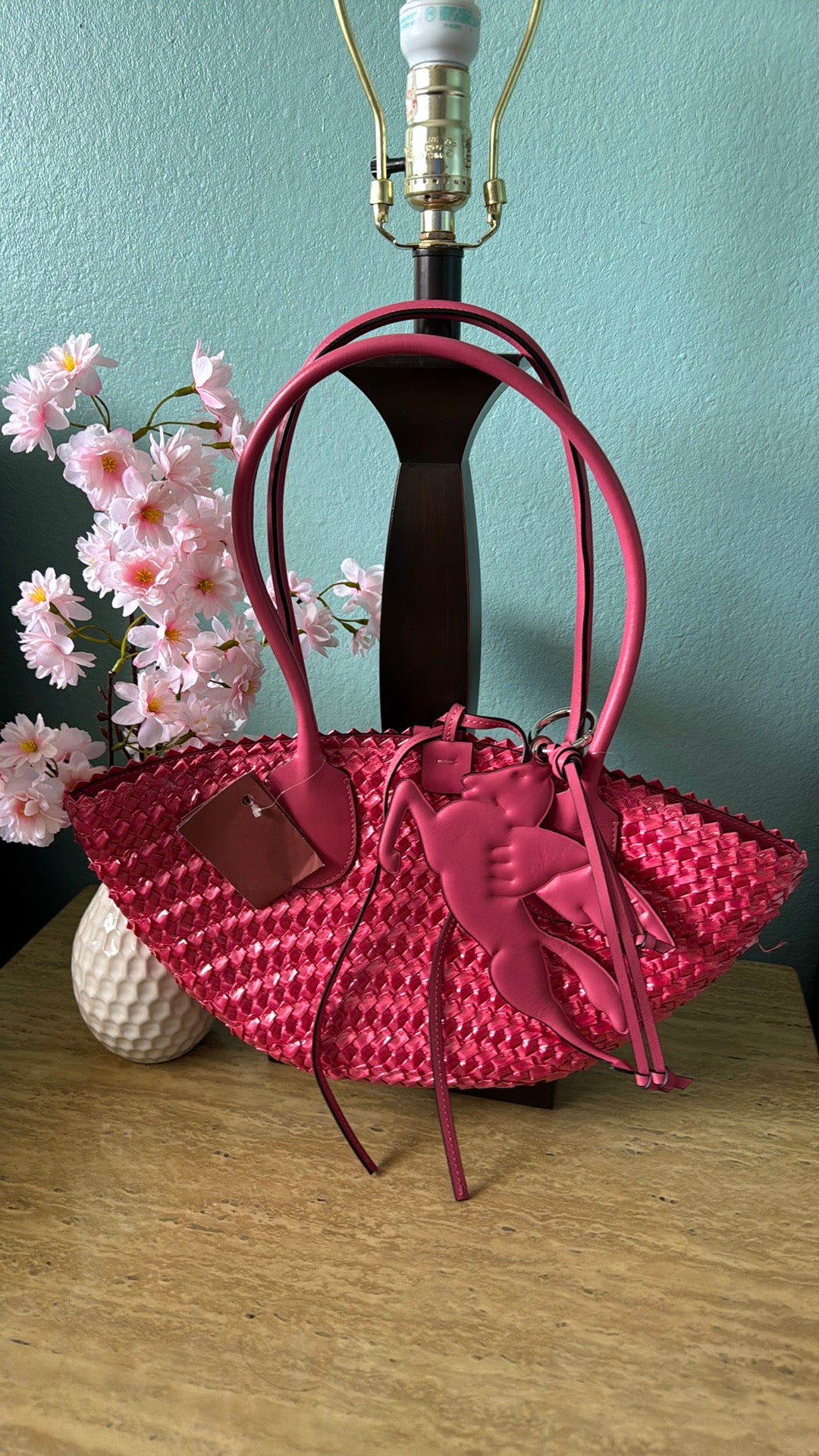 Etro Pink Leather Pegaso Straw Shoulder/Tote Bag