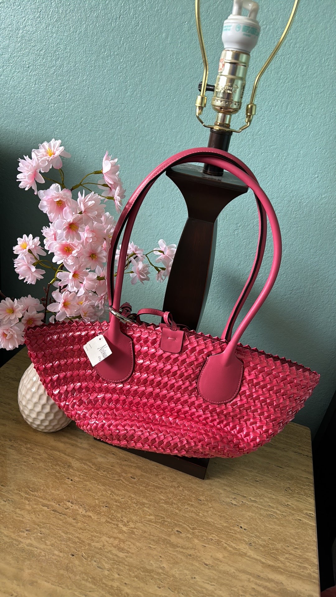 Etro Pink Leather Pegaso Straw Shoulder/Tote Bag